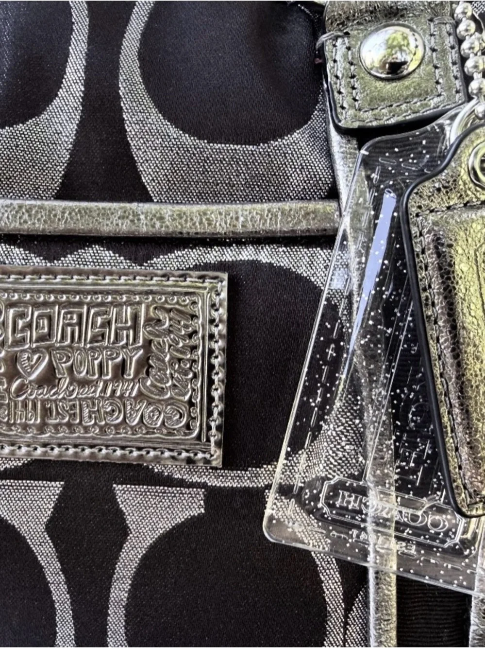 Coach Poppy Metallic Signature Satchel — Glitter Tag + Silver Hangtag + Dust Bag